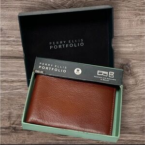 Perry Ellis Portfolio RFID Premium Genuine Glazed Leather Sienna Wallet NWT
